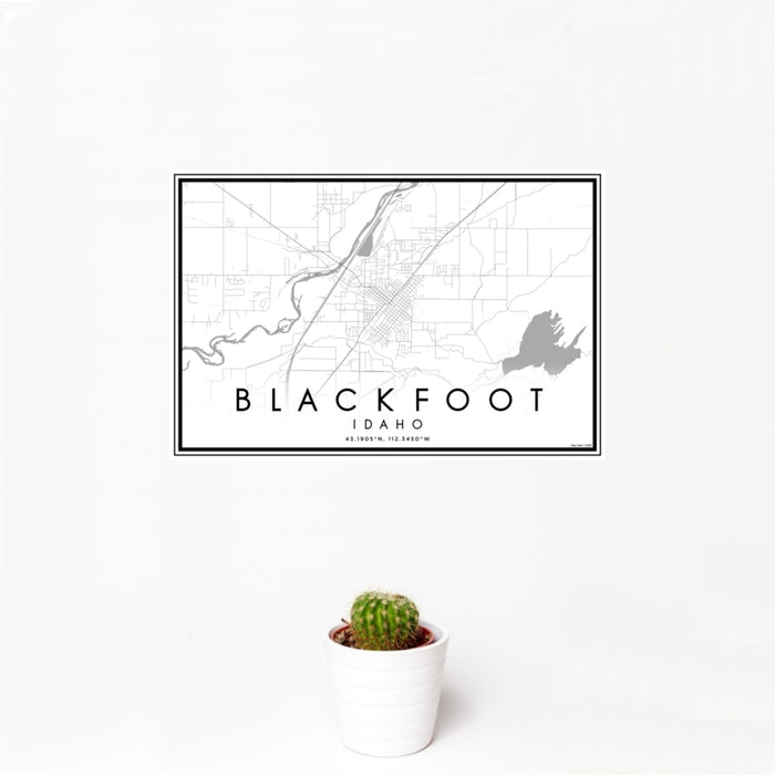 12x18 Blackfoot Idaho Map Print Landscape Orientation in Classic Style With Small Cactus Plant in White Planter