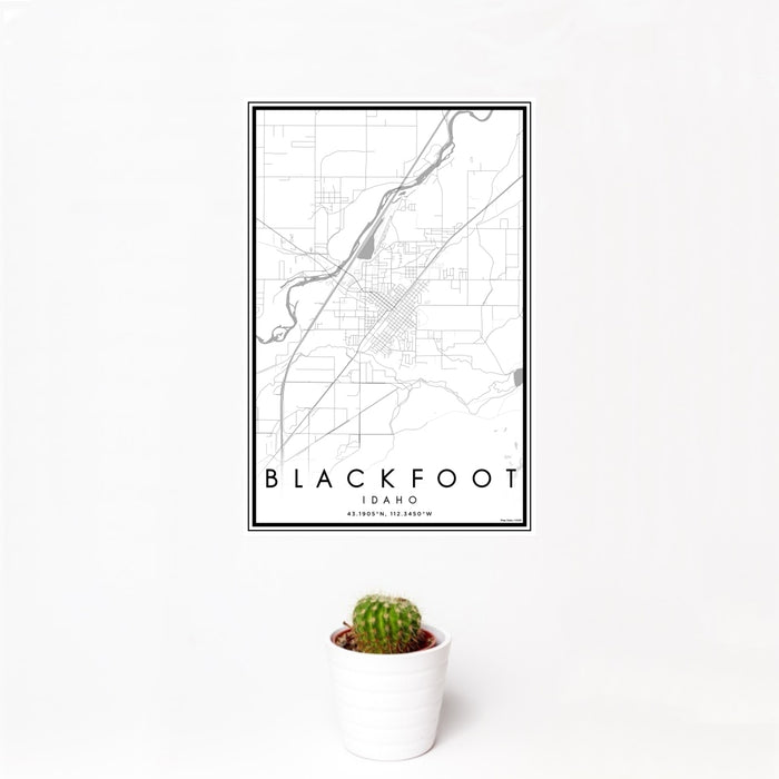 12x18 Blackfoot Idaho Map Print Portrait Orientation in Classic Style With Small Cactus Plant in White Planter