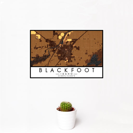 12x18 Blackfoot Idaho Map Print Landscape Orientation in Ember Style With Small Cactus Plant in White Planter