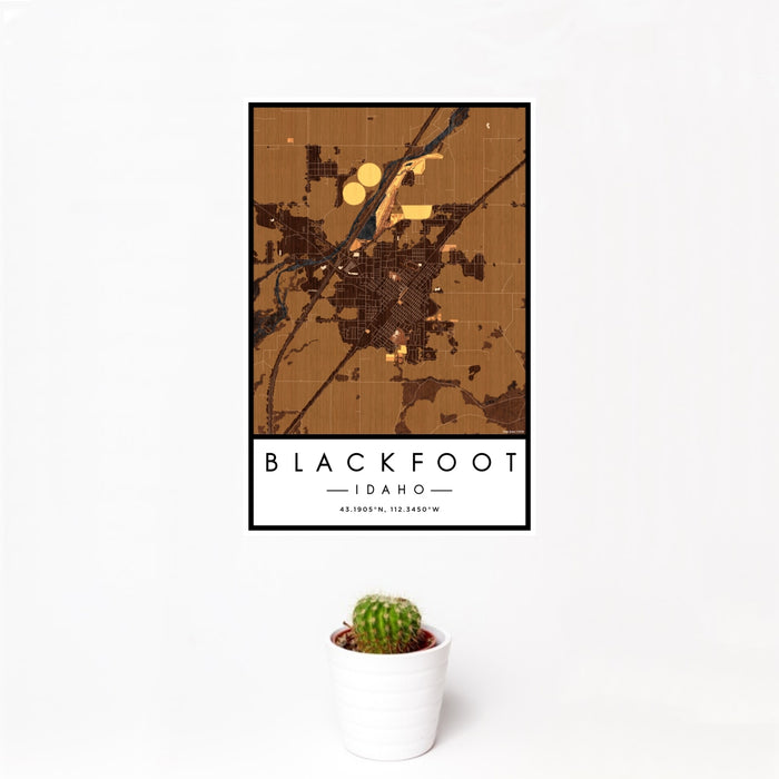 12x18 Blackfoot Idaho Map Print Portrait Orientation in Ember Style With Small Cactus Plant in White Planter