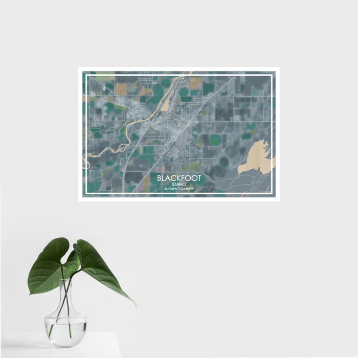 16x24 Blackfoot Idaho Map Print Landscape Orientation in Afternoon Style With Tropical Plant Leaves in Water