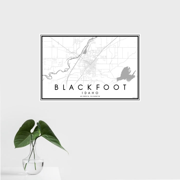 16x24 Blackfoot Idaho Map Print Landscape Orientation in Classic Style With Tropical Plant Leaves in Water