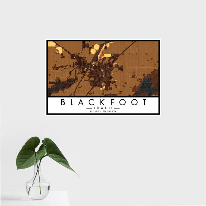 16x24 Blackfoot Idaho Map Print Landscape Orientation in Ember Style With Tropical Plant Leaves in Water