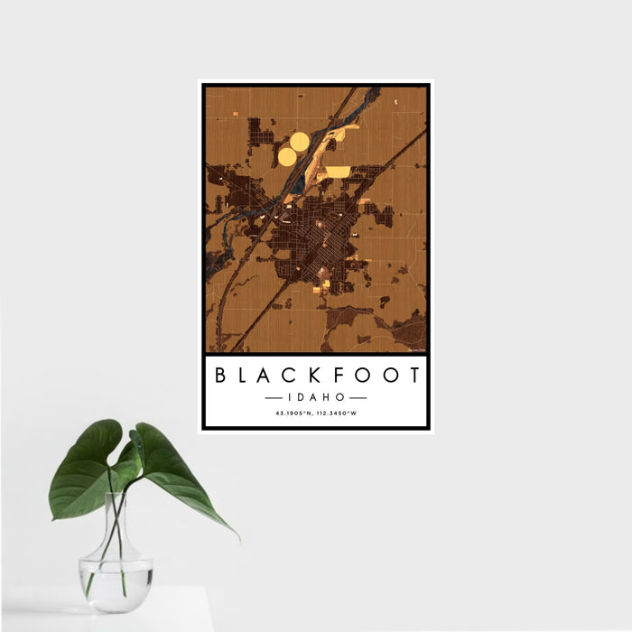 16x24 Blackfoot Idaho Map Print Portrait Orientation in Ember Style With Tropical Plant Leaves in Water