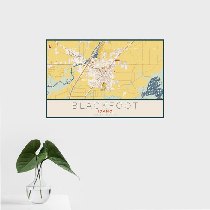 16x24 Blackfoot Idaho Map Print Landscape Orientation in Woodblock Style With Tropical Plant Leaves in Water