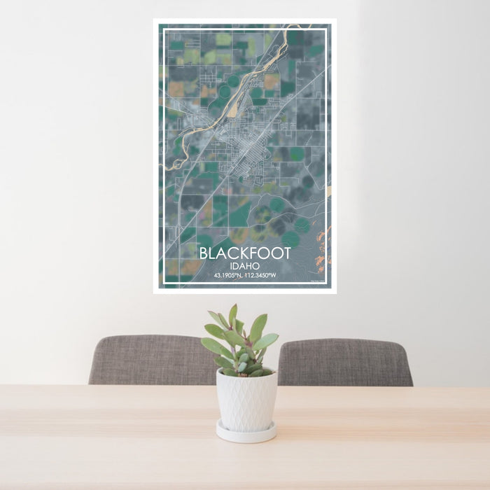 24x36 Blackfoot Idaho Map Print Portrait Orientation in Afternoon Style Behind 2 Chairs Table and Potted Plant