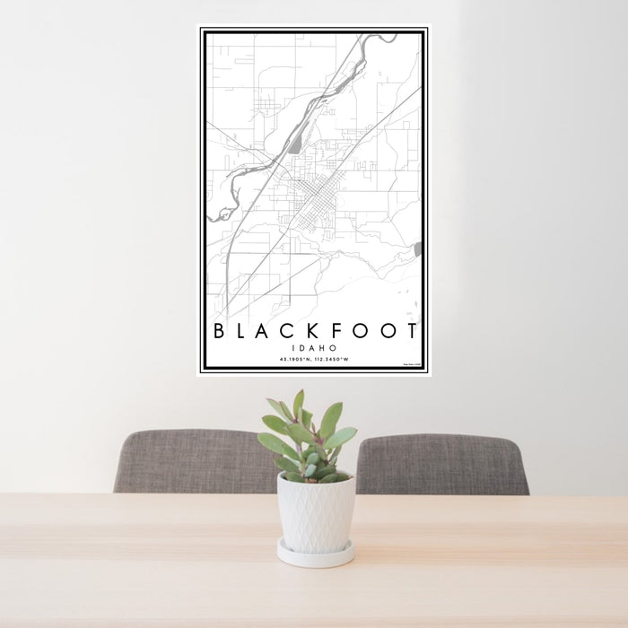 24x36 Blackfoot Idaho Map Print Portrait Orientation in Classic Style Behind 2 Chairs Table and Potted Plant