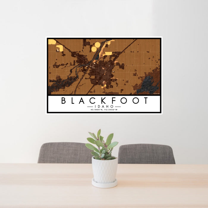 24x36 Blackfoot Idaho Map Print Lanscape Orientation in Ember Style Behind 2 Chairs Table and Potted Plant