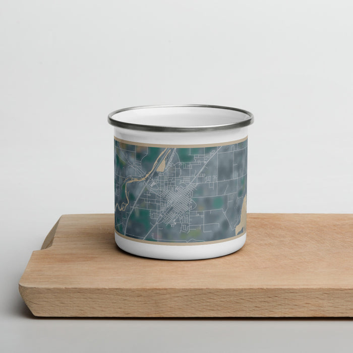 Front View Custom Blackfoot Idaho Map Enamel Mug in Afternoon on Cutting Board