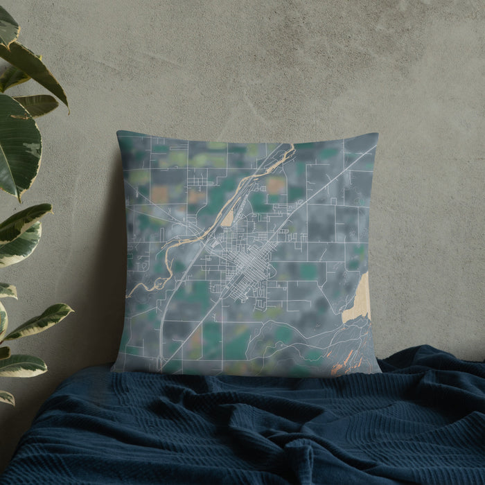 Custom Blackfoot Idaho Map Throw Pillow in Afternoon on Bedding Against Wall