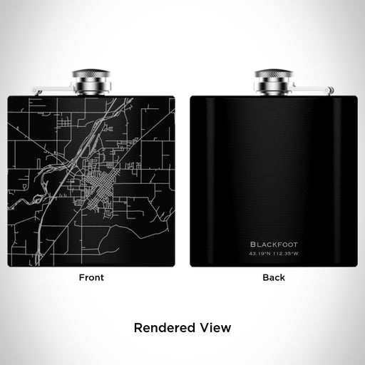 Rendered View of Blackfoot Idaho Map Engraving on 6oz Stainless Steel Flask in Black