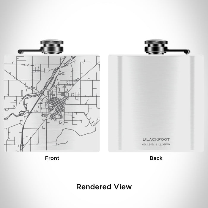 Rendered View of Blackfoot Idaho Map Engraving on 6oz Stainless Steel Flask in White