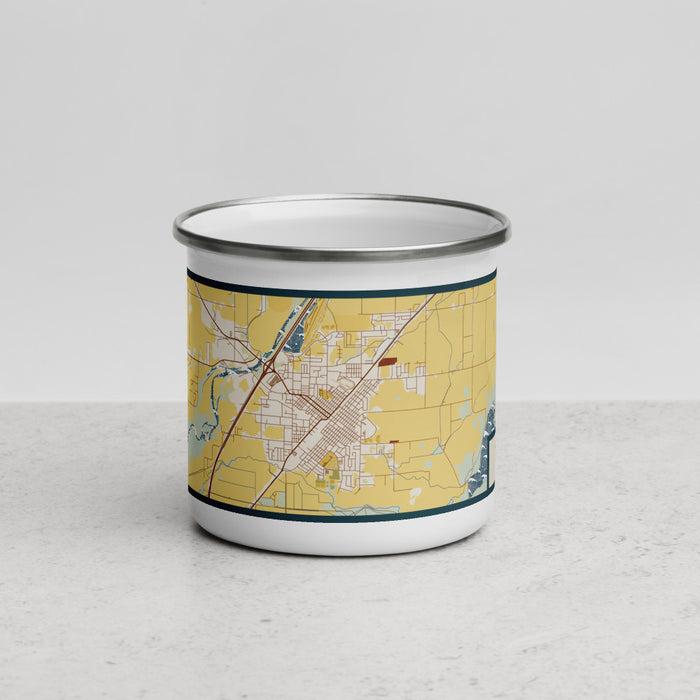 Front View Custom Blackfoot Idaho Map Enamel Mug in Woodblock