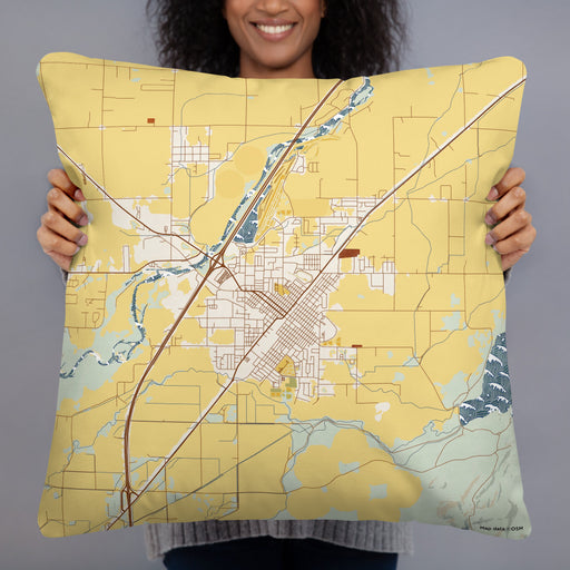 Person holding 22x22 Custom Blackfoot Idaho Map Throw Pillow in Woodblock