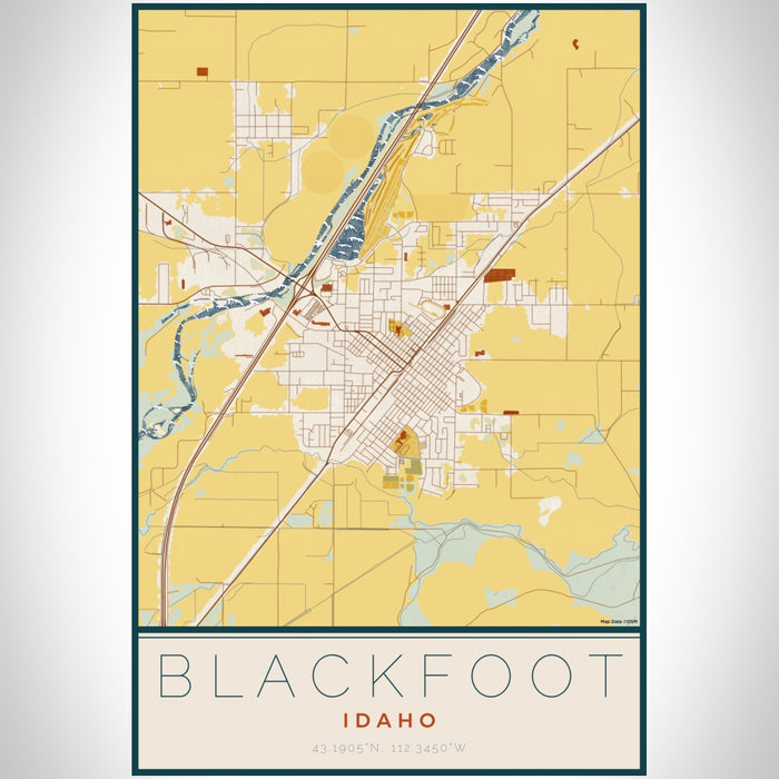 Blackfoot Idaho Map Print Portrait Orientation in Woodblock Style With Shaded Background