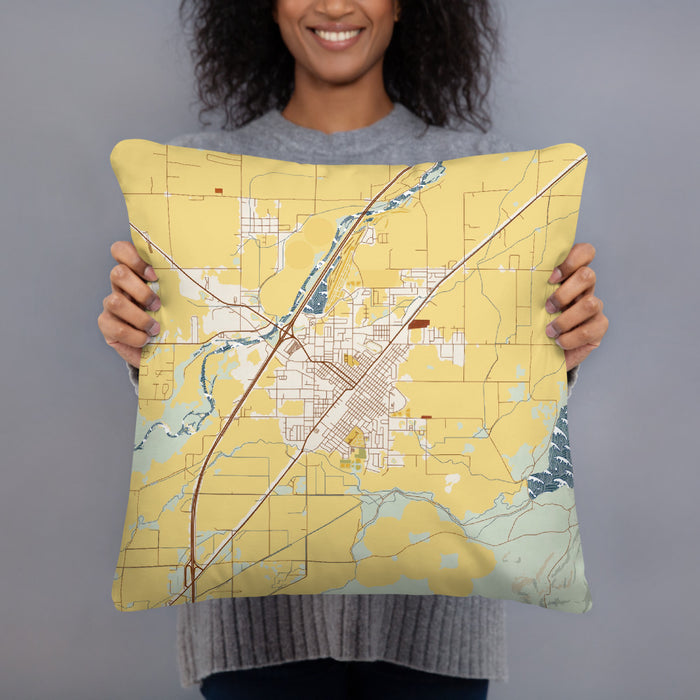 Person holding 18x18 Custom Blackfoot Idaho Map Throw Pillow in Woodblock