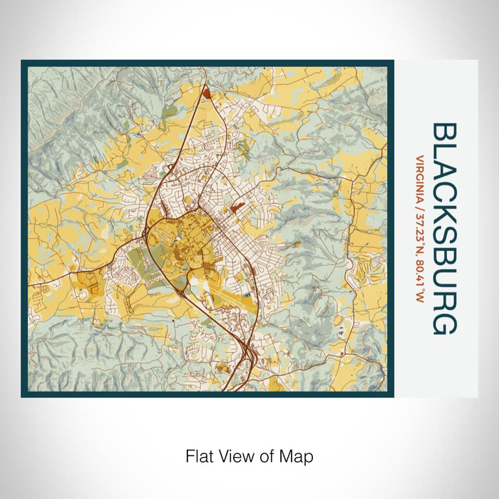 Rendered View of Blacksburg Virginia Map on 20oz Stainless Steel Insulated Bottle with Bamboo Top with printed woodblock style map