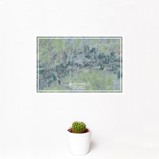12x18 Bloomfield New Mexico Map Print Landscape Orientation in Afternoon Style With Small Cactus Plant in White Planter