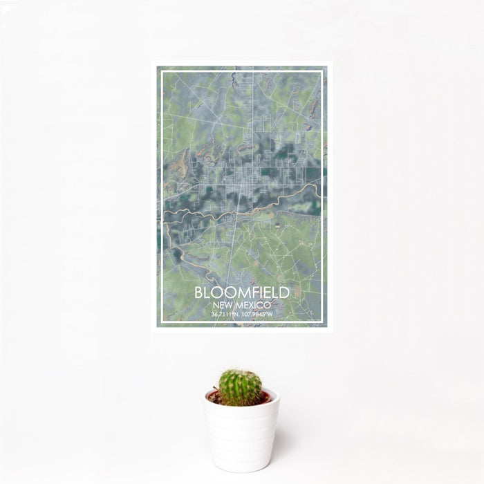 12x18 Bloomfield New Mexico Map Print Portrait Orientation in Afternoon Style With Small Cactus Plant in White Planter