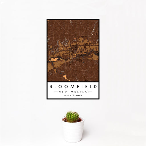 12x18 Bloomfield New Mexico Map Print Portrait Orientation in Ember Style With Small Cactus Plant in White Planter