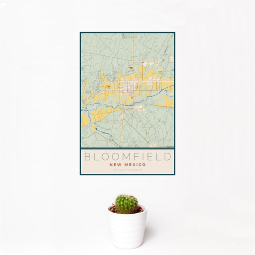 12x18 Bloomfield New Mexico Map Print Portrait Orientation in Woodblock Style With Small Cactus Plant in White Planter