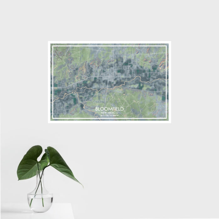 16x24 Bloomfield New Mexico Map Print Landscape Orientation in Afternoon Style With Tropical Plant Leaves in Water
