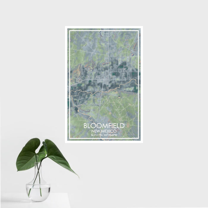 16x24 Bloomfield New Mexico Map Print Portrait Orientation in Afternoon Style With Tropical Plant Leaves in Water