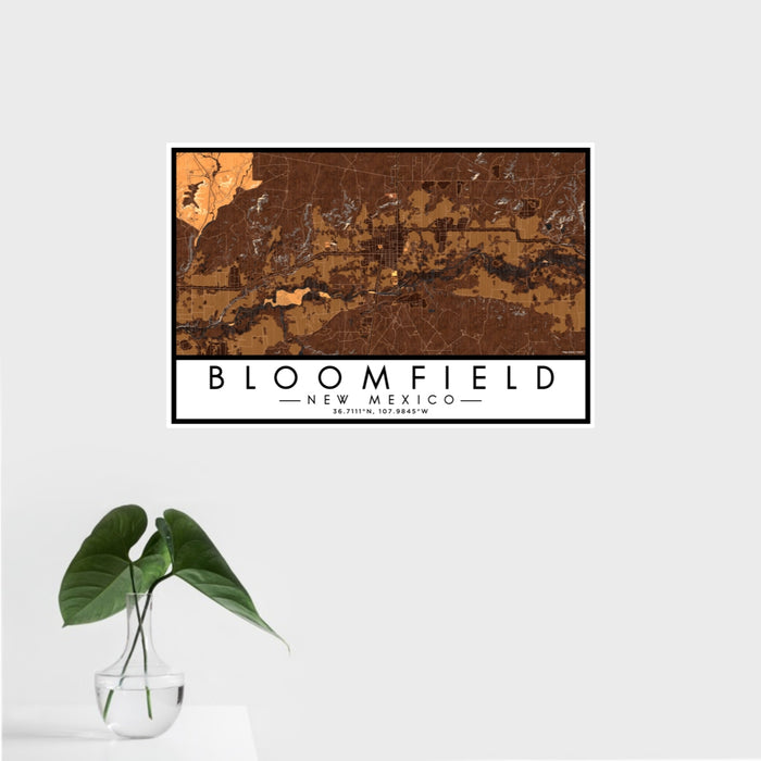 16x24 Bloomfield New Mexico Map Print Landscape Orientation in Ember Style With Tropical Plant Leaves in Water