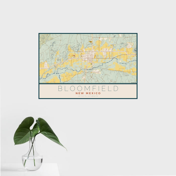 16x24 Bloomfield New Mexico Map Print Landscape Orientation in Woodblock Style With Tropical Plant Leaves in Water