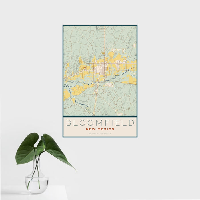 16x24 Bloomfield New Mexico Map Print Portrait Orientation in Woodblock Style With Tropical Plant Leaves in Water