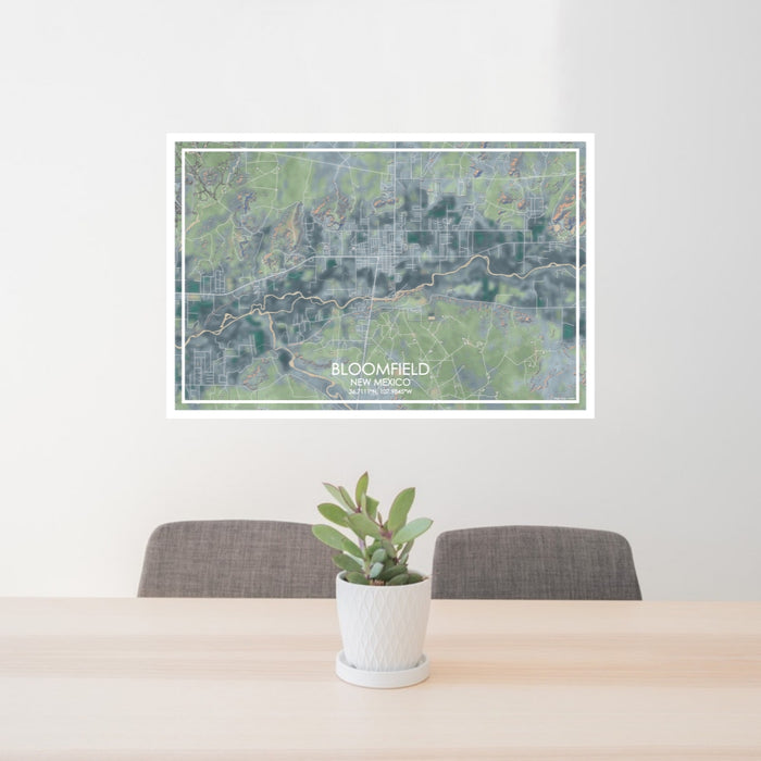 24x36 Bloomfield New Mexico Map Print Lanscape Orientation in Afternoon Style Behind 2 Chairs Table and Potted Plant
