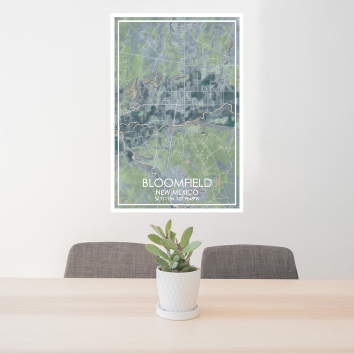 24x36 Bloomfield New Mexico Map Print Portrait Orientation in Afternoon Style Behind 2 Chairs Table and Potted Plant