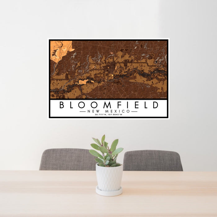 24x36 Bloomfield New Mexico Map Print Lanscape Orientation in Ember Style Behind 2 Chairs Table and Potted Plant