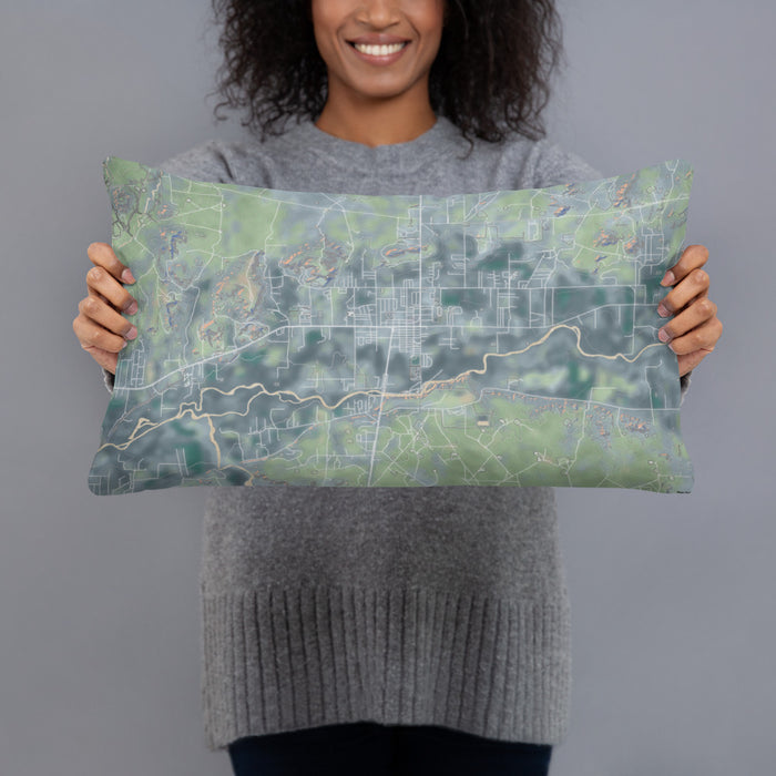 Person holding 20x12 Custom Bloomfield New Mexico Map Throw Pillow in Afternoon