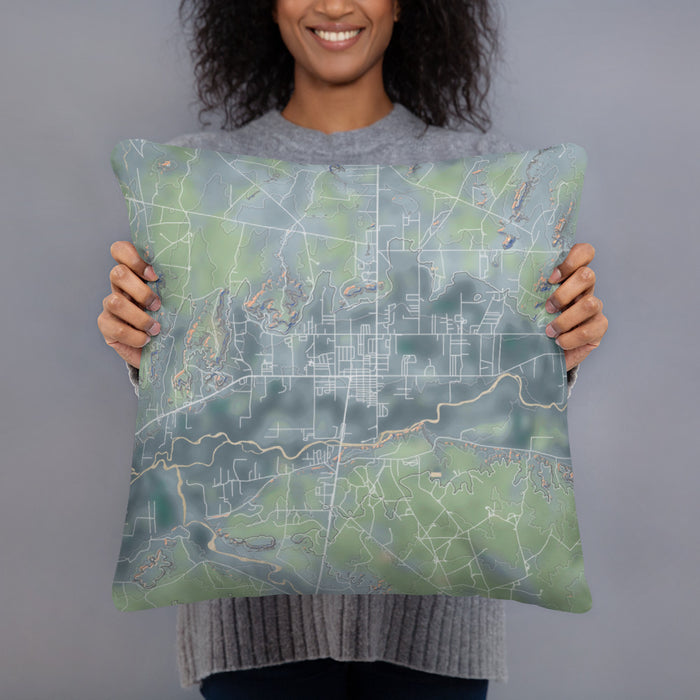 Person holding 18x18 Custom Bloomfield New Mexico Map Throw Pillow in Afternoon