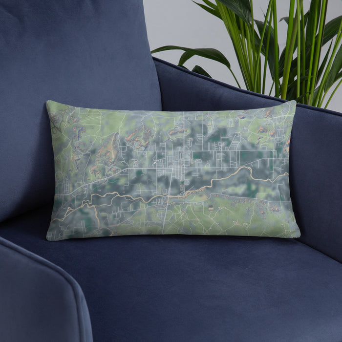Custom Bloomfield New Mexico Map Throw Pillow in Afternoon on Blue Colored Chair