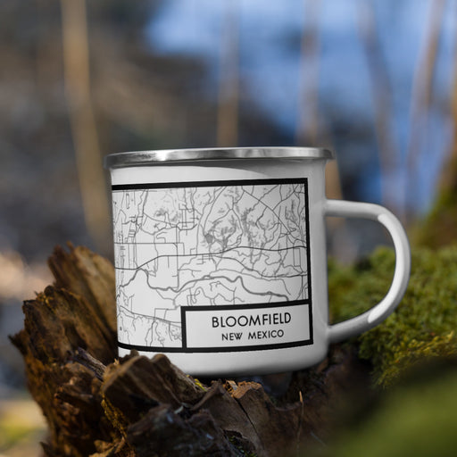 Right View Custom Bloomfield New Mexico Map Enamel Mug in Classic on Grass With Trees in Background