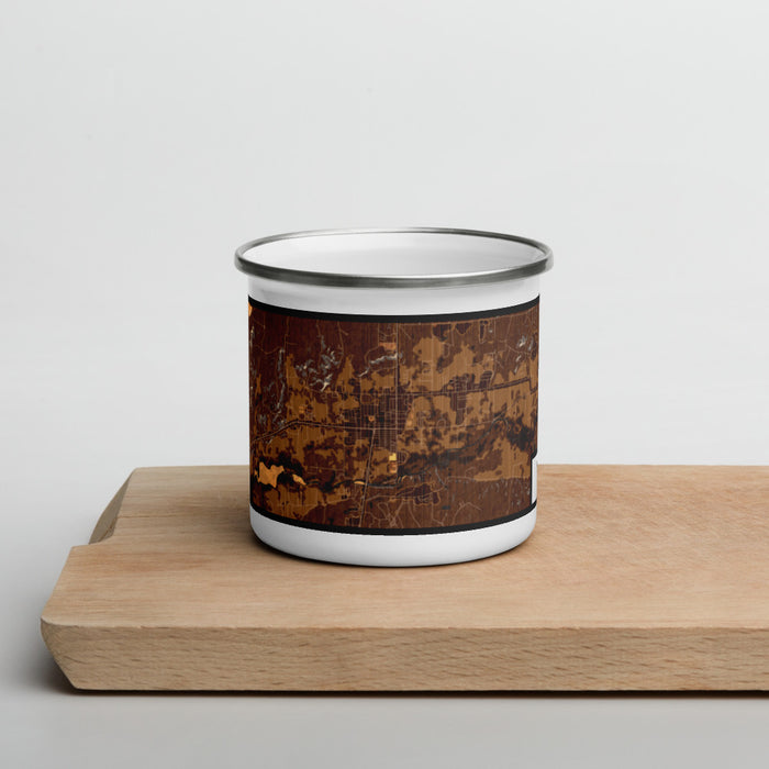 Front View Custom Bloomfield New Mexico Map Enamel Mug in Ember on Cutting Board