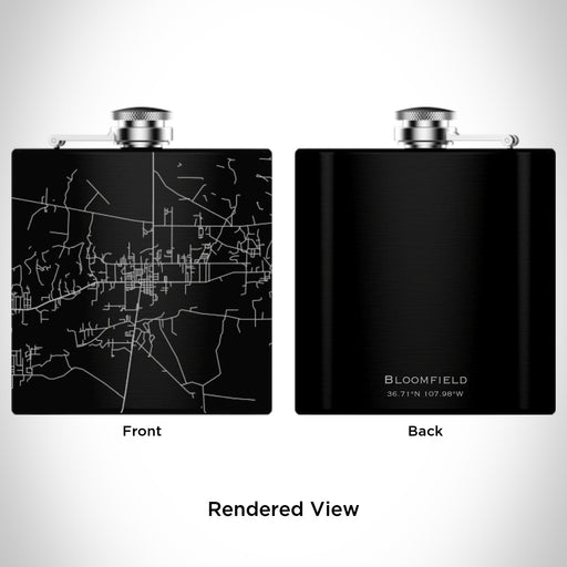 Rendered View of Bloomfield New Mexico Map Engraving on 6oz Stainless Steel Flask in Black