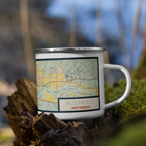 Right View Custom Bloomfield New Mexico Map Enamel Mug in Woodblock on Grass With Trees in Background