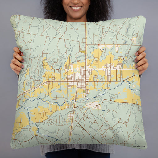 Person holding 22x22 Custom Bloomfield New Mexico Map Throw Pillow in Woodblock