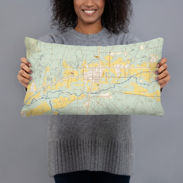 Person holding 20x12 Custom Bloomfield New Mexico Map Throw Pillow in Woodblock