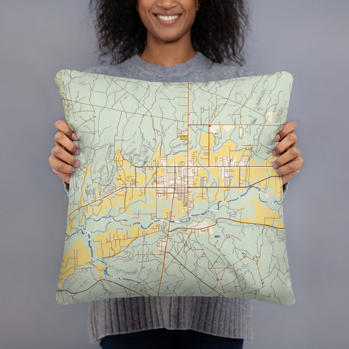 Person holding 18x18 Custom Bloomfield New Mexico Map Throw Pillow in Woodblock
