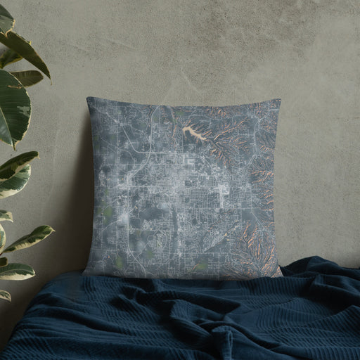 Custom Bloomington Indiana Map Throw Pillow in Afternoon on Bedding Against Wall