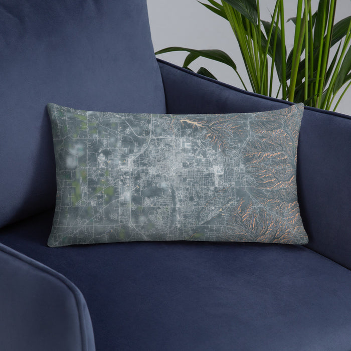 Custom Bloomington Indiana Map Throw Pillow in Afternoon on Blue Colored Chair