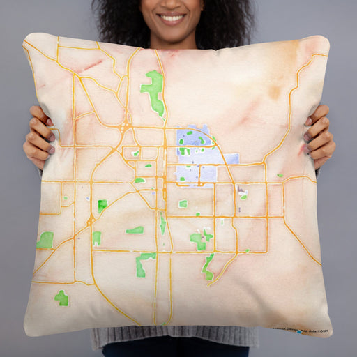Person holding 22x22 Custom Bloomington Indiana Map Throw Pillow in Watercolor