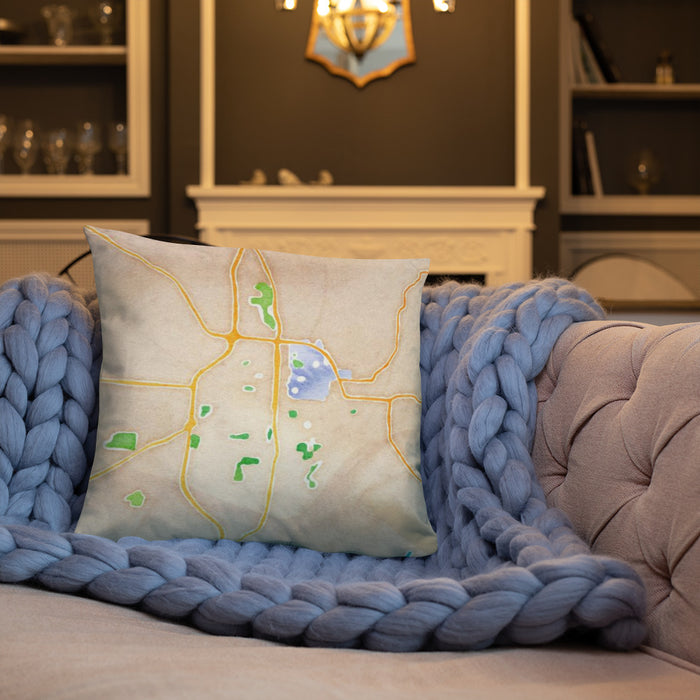 Custom Bloomington Indiana Map Throw Pillow in Watercolor on Cream Colored Couch