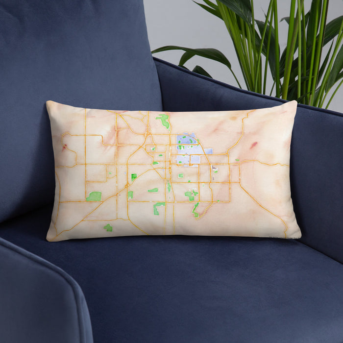 Custom Bloomington Indiana Map Throw Pillow in Watercolor on Blue Colored Chair