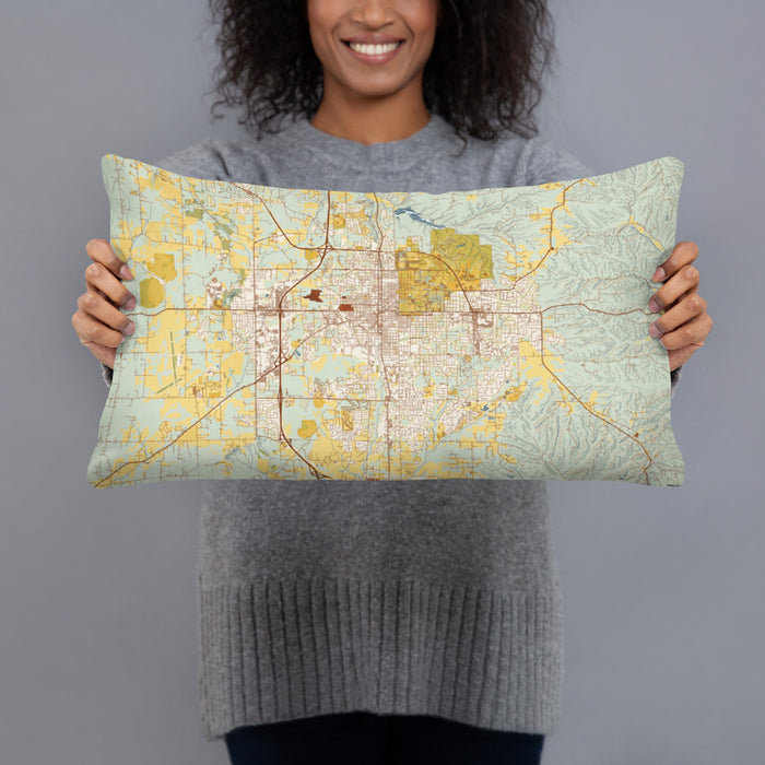 Person holding 20x12 Custom Bloomington Indiana Map Throw Pillow in Woodblock