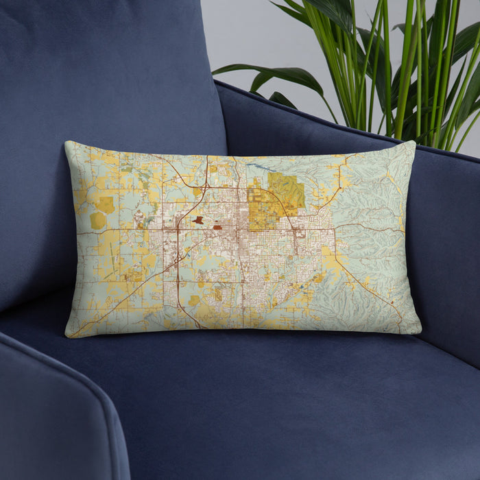 Custom Bloomington Indiana Map Throw Pillow in Woodblock on Blue Colored Chair